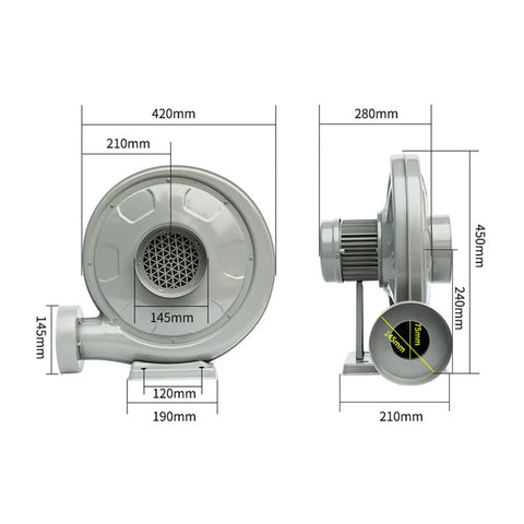 Hardcore 750W Commercial Air Blower With Rock Solid Copper Motor Boss Level High Velocity Floor Fan side profile with dimensions
