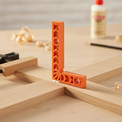 Dead Straight 90 Degree Woodworking Jig For Square Corner Assembly positioned on wood, showing its thick orange plastic design and use.