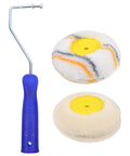 Double Ended Paint Roller Corner Tool With Comfy Grip Handle For Easy Wall Painting This Durable Corner Brush Has Heavy Duty Build For Long Use And Nails Tight Edges Plus Awkward Angles Fast with fluffy rollers and blue handle.