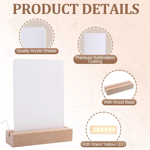 2 Pack 5x7 Sublimation LED Acrylic Photo Frames Night Lights Heart Shape With Warm Color Light And Wood Stand Blank Frames Product Features