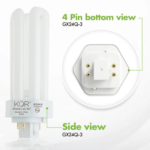 Ultra Efficient 26W CFL Plug In Bulb With GX24Q3 Base 2700K Warm White Triple Tube 4 Pin 1800 Lumens side and base view