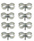 Eight galvanised heavy duty chain link fence panel clamps for one and five eighths inch frames, saddle clamps for 42mm pipe fence panels.