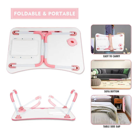 Foldable Laptop Bed Table With Drawer And Cup Holder, Go-To Lap Desk For Bed Or Sofa, Pink finish shown folded and unfolded
