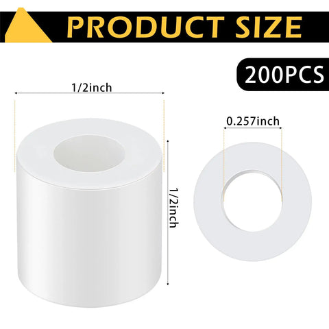 200 Pcs Heavy Duty Nylon Spacers White Half Inch Thick Round Insulated Electrical Outlet Screw Washers For Robotics showing dimensions.