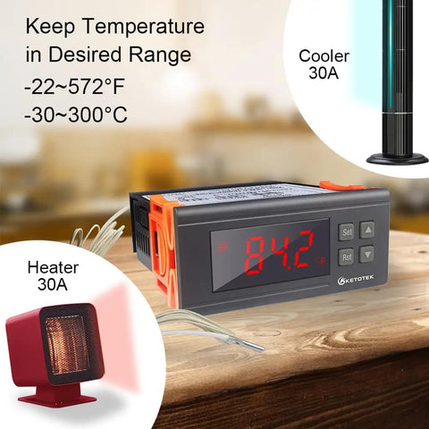 Digital Temperature Controller Thermostat Regulator for Incubators, Brooders, Refrigerators, Fermenters, Greenhouses and Reptile Enclosures, 120VAC 30A Relay, Wide -22 to 572 Fahrenheit Range, On Off Control with Adjustable Differential