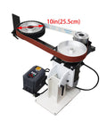 Heavy-Duty Shop Beast 71 Inch Belt Grinder Vertical And Horizontal Modes With Stepless Speed Adjustment Up To 2840 RPM Comes Loaded With Three Grinding Wheels For Tough Jobs 1500W 110V Powered side view of grinder with motor and belt
