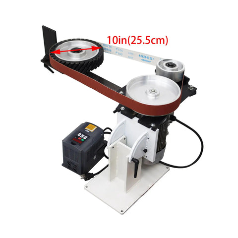 Heavy-Duty Shop Beast 71 Inch Belt Grinder Vertical And Horizontal Modes With Stepless Speed Adjustment Up To 2840 RPM Comes Loaded With Three Grinding Wheels For Tough Jobs 1500W 110V Powered side view of grinder with motor and belt