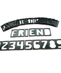 Top Tier 41 Piece Router Template Set With Self Spacing 2.5 Inch Alphabet Characters arranged to spell FRIEND and numbers.