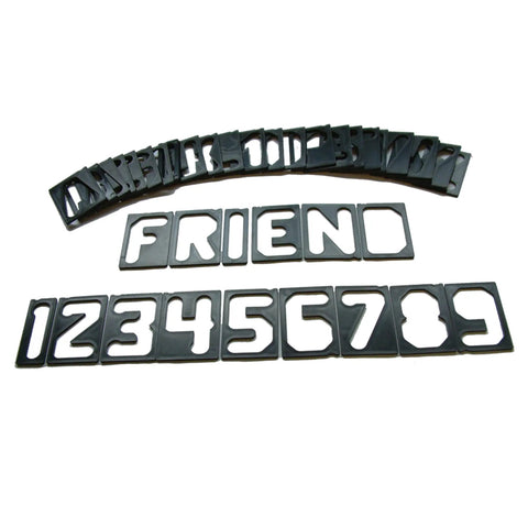 Top Tier 41 Piece Router Template Set With Self Spacing 2.5 Inch Alphabet Characters arranged to spell FRIEND and numbers.