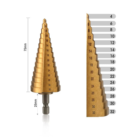 Pro Grade 3 Piece Step Drill Bit Set With Titanium Coated High Speed Steel For Plastic Aluminum And Sheet Metal Drilling Quick Change One Quarter Inch Hex Shank Two Flute Design For Faster Smoother Cuts Includes Well Built Carry Bag And Metric Sizes displayed with metric measurements