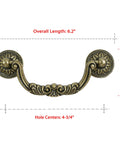Six Pack Antique Brass Drawer Pulls With Four And Three Quarters Inch Hole Centers For Kitchen Cabinets Dressers And Bathrooms