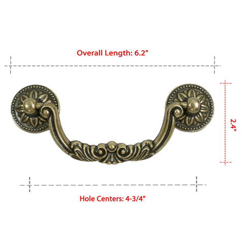 Six Pack Antique Brass Drawer Pulls With Four And Three Quarters Inch Hole Centers For Kitchen Cabinets Dressers And Bathrooms