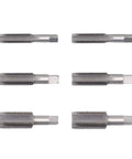 Six silver metal taps from the 114 Piece M13 To M22 Oil Pan Thread Repair Kit For Sumps Gearboxes And Drain Plugs Universal Auto Tool Set