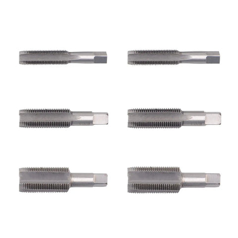 Six silver metal taps from the 114 Piece M13 To M22 Oil Pan Thread Repair Kit For Sumps Gearboxes And Drain Plugs Universal Auto Tool Set