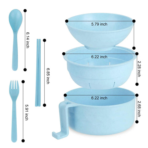 Two Pack Microwave Ramen Bowl Set With Chopsticks And Spoon, 32 Ounce Ramen Cooker, dimensions shown, blue color