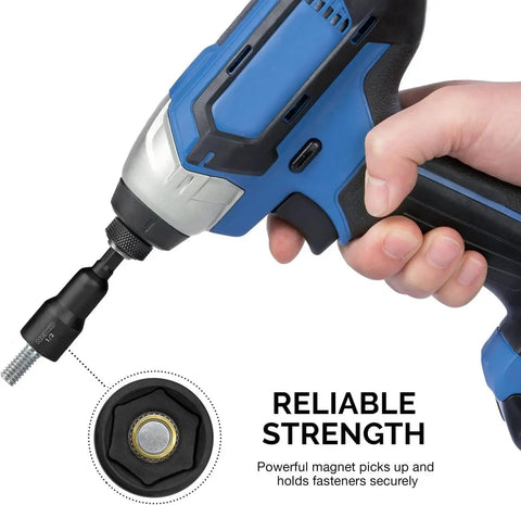 Person using drill with Beefed Up Magnetic Hex Impact Nut Driver Set 12 Piece CrV Steel Nut Setter, showing secure magnetic hold.