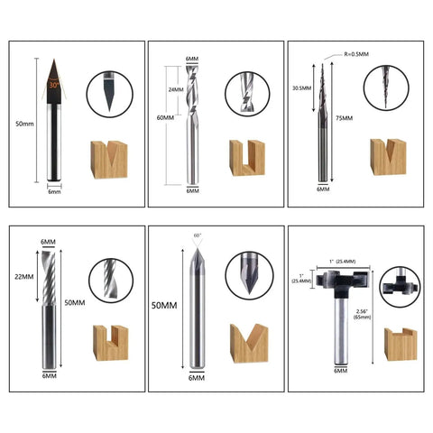 Straight Up Killer 7 Piece Solid Carbide Router Bit Kit With 6mm Shank End Mills And T Slot Cutters Built Tough for CNC engraving and steel milling.