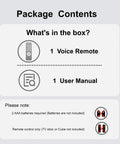 Package contents showing Replacement Remote For Fire Stick 4K Max with voice control and user manual included.
