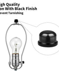 Black iron lamp finial close-up with black finish and lamp harp installation, part of 8 Pack 1/4-27 Lamp Finials.