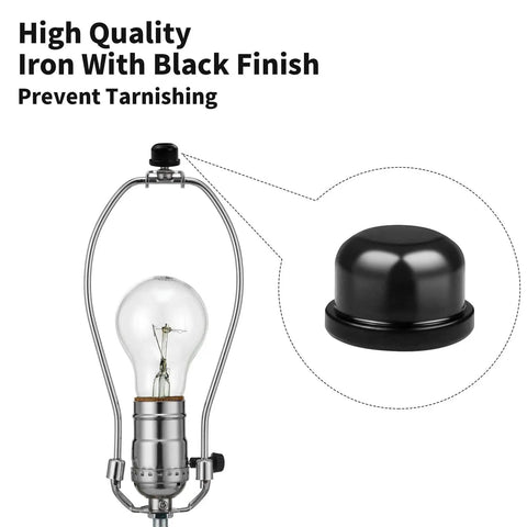 Black iron lamp finial close-up with black finish and lamp harp installation, part of 8 Pack 1/4-27 Lamp Finials.