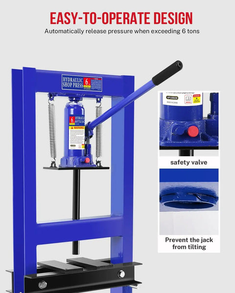6 Ton Hydraulic Shop Press With Adjustable 2.2 To 9.4 Inch Range, Heavy Duty H-Frame With Movable Plates, blue finish, safety valve