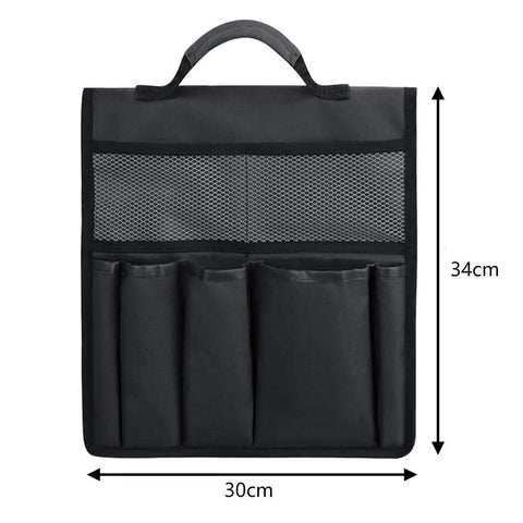 Folding Garden Kneeling Seat And Tool Bag Set With Durable Oxford Cloth Pouch, back view showing 30x34 cm size and pockets.