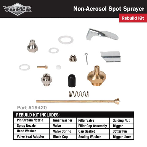 Spot Spray Non-Aerosol Sprayer For Quick Mess-Free Coats, refillable and high-pressure 80-150 PSI rebuild kit components displayed