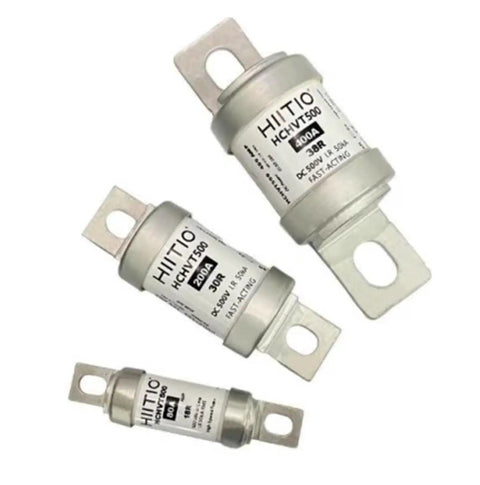 Premium Rock Solid High Speed Fuse BS88 10A To 400A 500VDC For Electric Vehicle Battery Pack Protection showing three sizes, 20A, 30A, and 400A fuses.