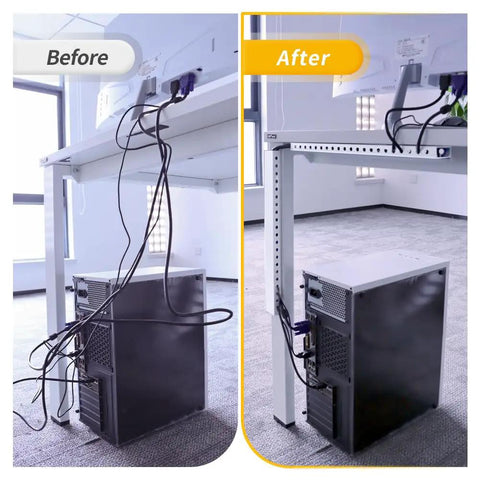 Before and after using Open Slot Cable Management Kit for Under Desk Setup 139 Inch Cable Raceway With Upgraded Snap Structure Cord Organizer