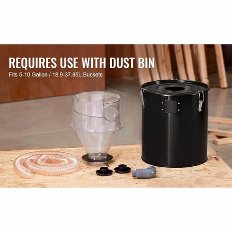 High Capacity Cyclone Dust Separator For 4 Inch Hoses With Clear Abs Housing, shows hose, clear separator, and black dust bin.