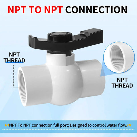 Two Pack One And A Half Inch NPT PVC Ball Valves Double Female No Fuss Full Port Shut Off Valve showing NPT thread connection