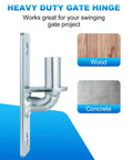 Beefy Wall Mount Gate Hinges 2 Pack With Five Eighth Inch Pin For Chain Link Gates, Heavy Duty Outdoor Metal Hardware For Fence Posts, Rust Resistant And Easy Install showing hinge on wood and concrete backgrounds.