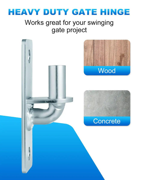 Workhorse Heavy Duty Wall Mount Gate Hinges 4 Pack For Farm And Chain Link Fences With Five Eighth Inch Pin Outdoor Metal Gate Hardware For Posts Rust Resistant Galvanized Steel Build For Long Lasting Outdoor Gate Use close-up showing hinge and mounting options for wood and concrete