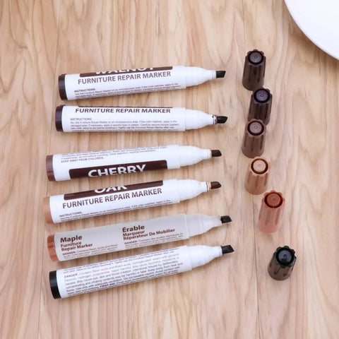 Walnut Wood Repair Marker Upgrade Kit For Fast Furniture Scratch Fix Pen With Wax Sticks And Sealant on wooden surface