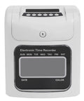 Heavy Duty Electronic Punch Time Clock For Small Business Crews Offering Hassle Free Auto Aligning Card Feeder And Keyed Security Lock Includes Fifty Trackers Plus Master Control Key front view of electronic time recorder with buttons and display