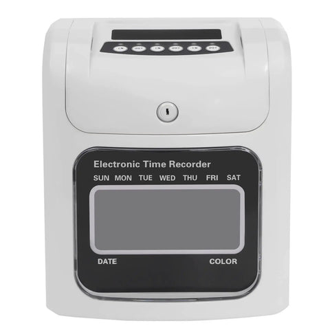 Heavy Duty Electronic Punch Time Clock For Small Business Crews Offering Hassle Free Auto Aligning Card Feeder And Keyed Security Lock Includes Fifty Trackers Plus Master Control Key front view of electronic time recorder with buttons and display