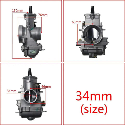 Universal Carburetor Kit 34mm for Shift Karts 2T Racing Motorcycles and Scooters, front and side views with measurements.