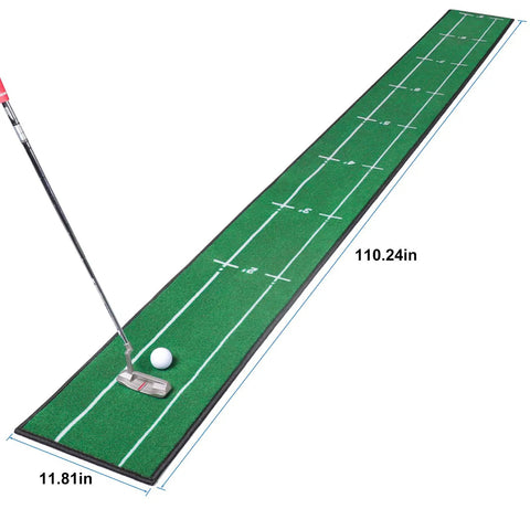 Indoor Outdoor Golf Putting Mat Pro Practice Green With Distance Markers Anti Slip Backing Portable Training Aid For Home Office Backyard And Travel Nine Point Two Feet In Length Improve Your Putting Anywhere with putter and golf ball.