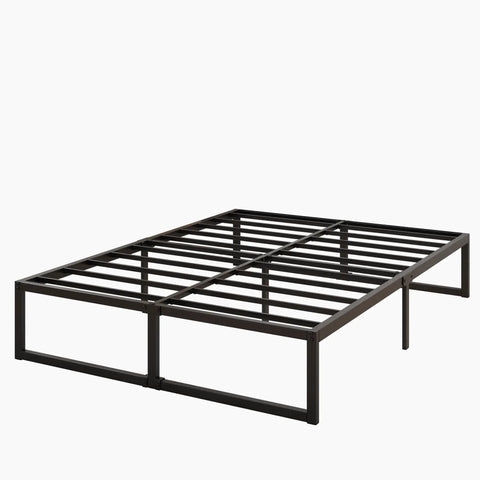 Sturdy Queen Bed Frame With 14 Inch Low Profile Platform Heavy Duty Steel Slat Support No Box Spring Headache For Memory Foam And Pillowtop Mattress Fast Easy Setup side view of steel slat base.