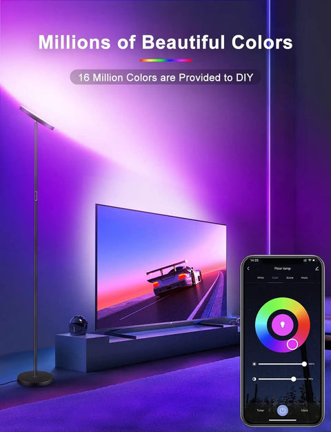 Smart RGB Floor Lamp With Alexa And Google Home, WiFi App Control shown in living room with lit color modes and phone app