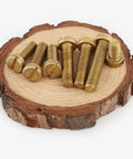 Top Shelf Brass Slotted Cheese Head Screws M3 X 4mm Copper Tone 20 Piece Kit on wood slice, showing various sizes and shapes.