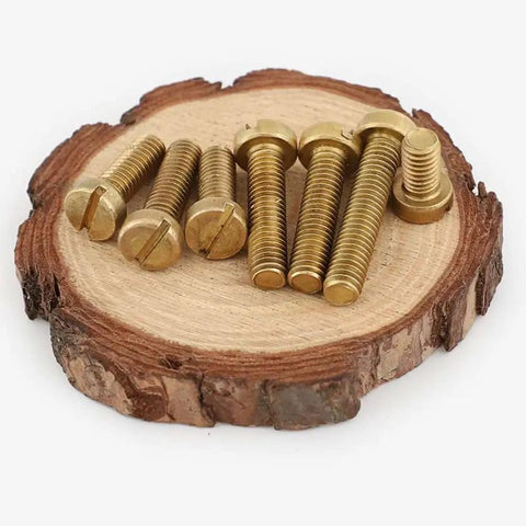 Top Shelf Brass Slotted Cheese Head Screws M3 X 4mm Copper Tone 20 Piece Kit on wood slice, showing various sizes and shapes.