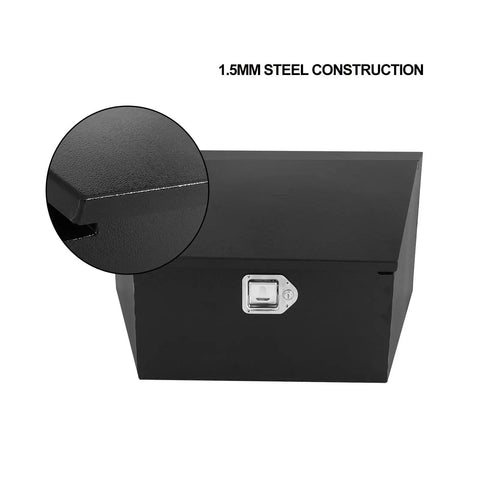Heavy Duty 36 Inch Trailer Tongue Tool Box With Angled Sloped Lid Steel Storage Chest Built Tough As Nails For Rv Gear Trailers And Camping Organization Rig Ready Hitch Accessory close-up of lock and lid.