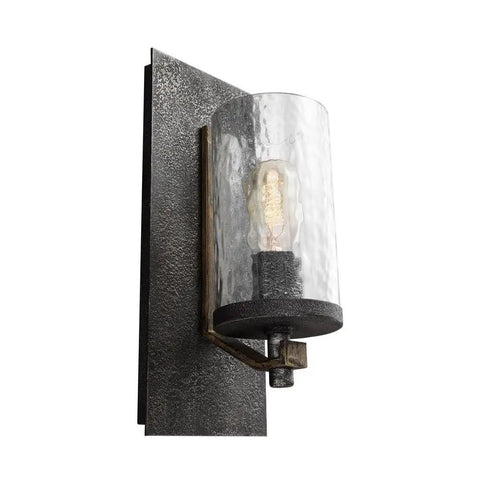 One Light Wall Sconce With Distressed Weathered Oak And Slate Grey Metal Finish, Industrial Rustic Style, Clear Thick Wavy Glass Shade