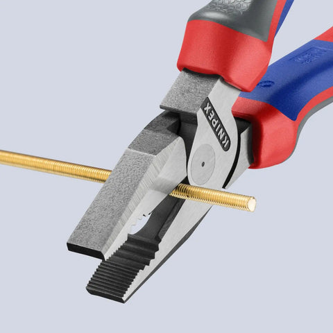 High Leverage 8 Inch Combination Pliers Multi Component Pro Grade Tool bending a metal rod, showing durable grip and precision.