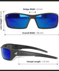 Polarized Safety Glasses With High Impact Rating Z87.1 Plus Non Slip Protective Eyewear showing size dimensions for work and outdoors.