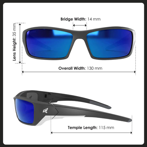 Polarized Safety Glasses With High Impact Rating Z87.1 Plus Non Slip Protective Eyewear showing size dimensions for work and outdoors.