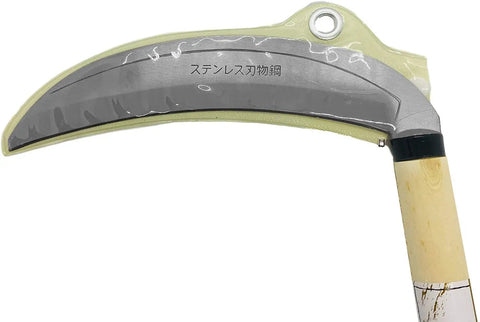 Close-up of Grass Sickle Garden Tool 7.6 Inch Japanese Style Kama Weeding Sickle with stainless steel blade and wood handle.