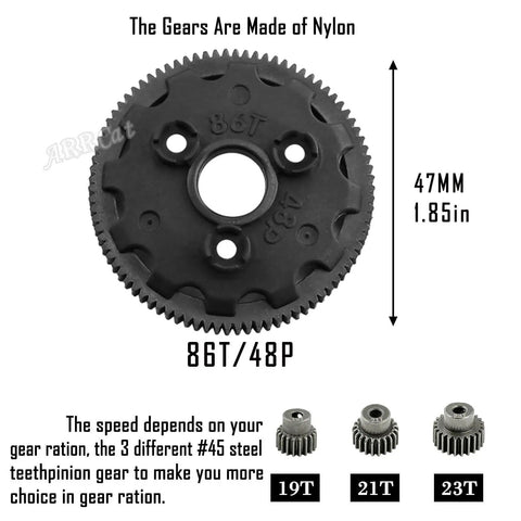 Durable 86T 48P spur gear set with 19T 21T 23T pinions and slipper clutch for 1/10 Slash Rustler Stampede Bandit 2WD VXL