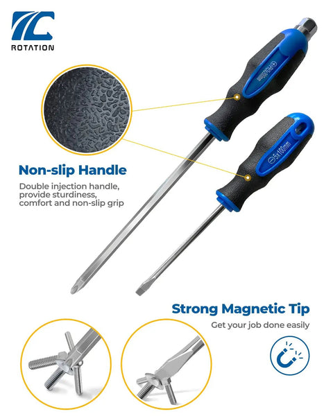 Pro Grade Magnetic Screwdriver Set With Nichrome Tips 12 Piece Kit showing non-slip handle and strong magnetic tip
